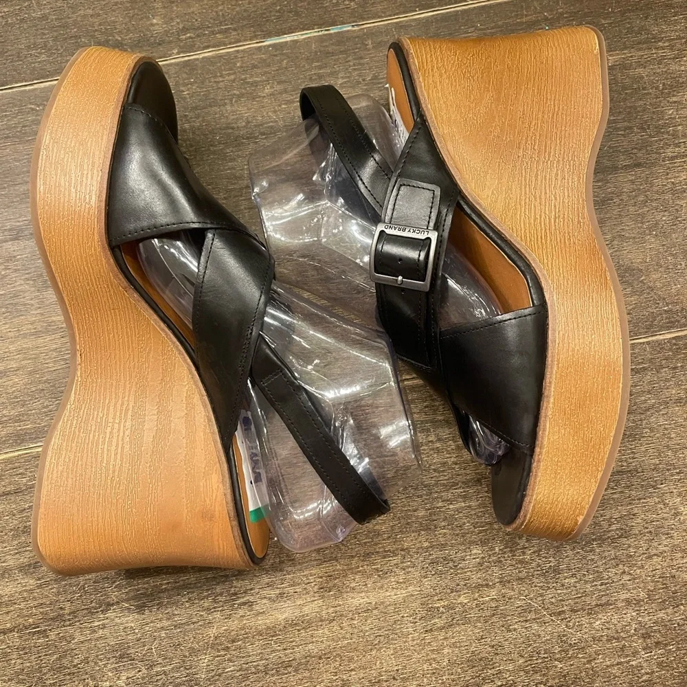 LUCKY BRAND Delaynee Platform Wedge Sandal ‎ Leather Slingback Black Size 9.5
